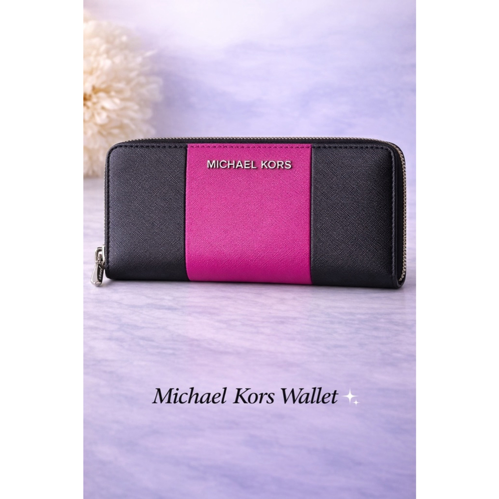 Michael Kors Jet Set Travel Zip Around Wristlet Wallet Black Pink Saffiano Leath